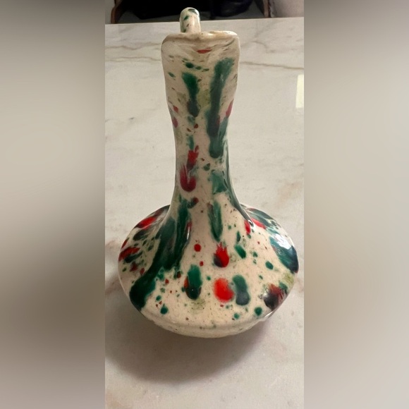1970’s MCM Ceramic  Speckled Splatter Drip Red Green White Vase, 7" Tall. - Picture 3 of 7